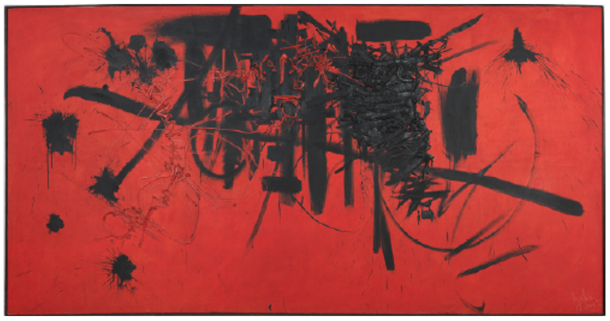 Georges Mathieu Hommage au maréchal de Turenne 19 janvier 1952 Produced at Studio Fachetti in less than three quarters of an hour Oil on canvas 200 x 400 cm Centre Pompidou, Mnam-CCI, Paris, dation in 2015. © Adagp, Paris Georges Mathieu Hommage au maréchal de Turenne 19 janvier 1952 Produced at Studio Fachetti in less than three quarters of an hour Oil on canvas 200 x 400 cm Centre Pompidou, Mnam-CCI, Paris, dation in 2015. © Adagp, Paris