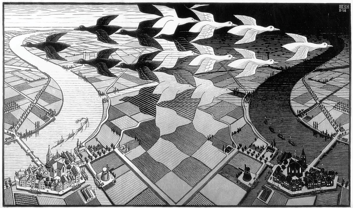M.C. Escher, Dag en nacht, houtsnede in zwart en grijs gedrukt van twee blokken, februari 1938