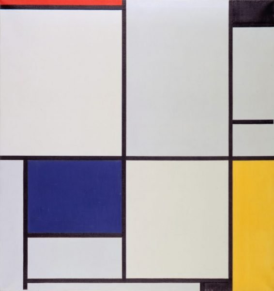 Kenmerken van het neoplasticisme: rechte lijnen, primaire kleuren, asymmetrie en een duidelijke vlakverdeling. Dit is Tableau I van Mondriaan.